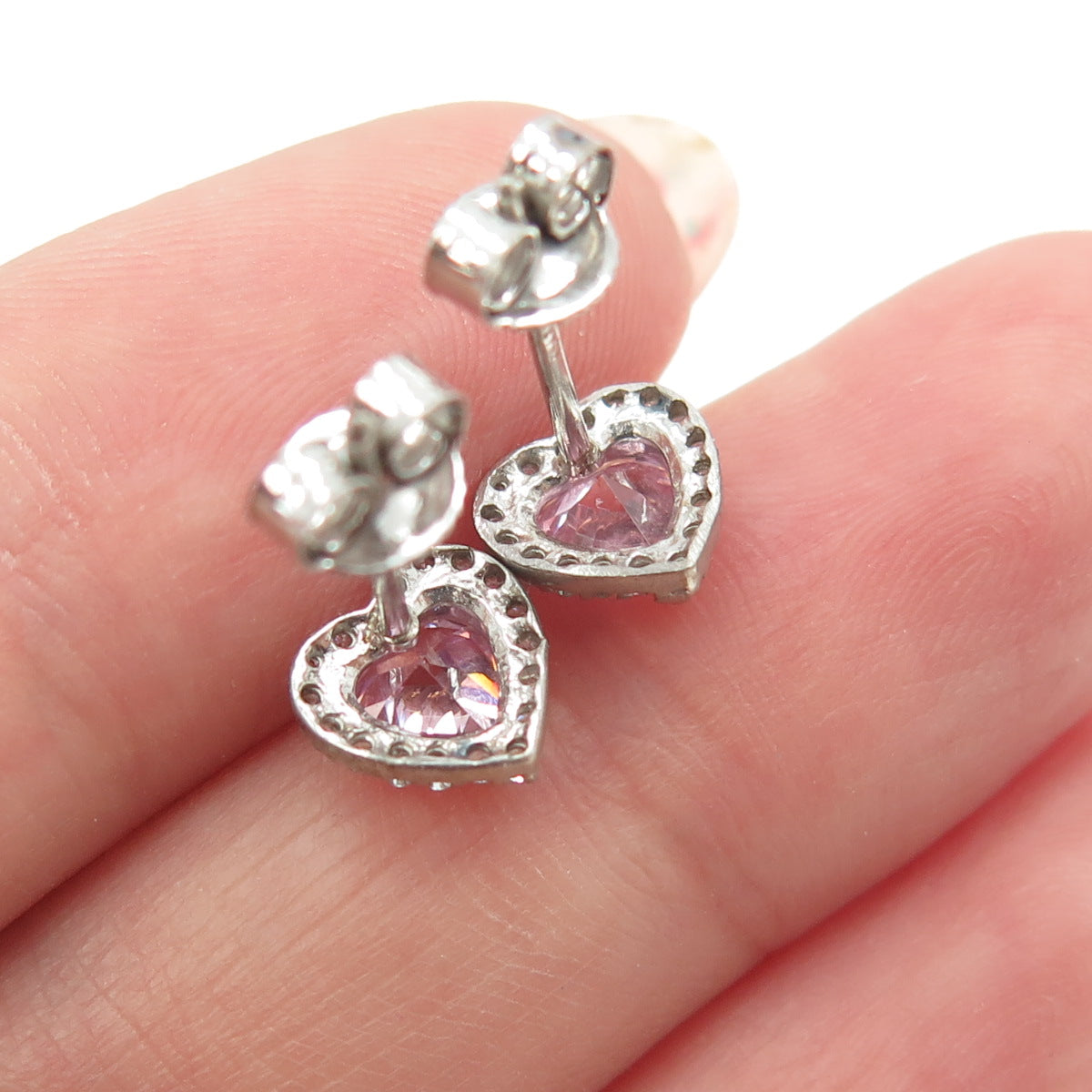 925 Sterling Silver Heart & Round-Cut Pink White C Z Stud Earrings