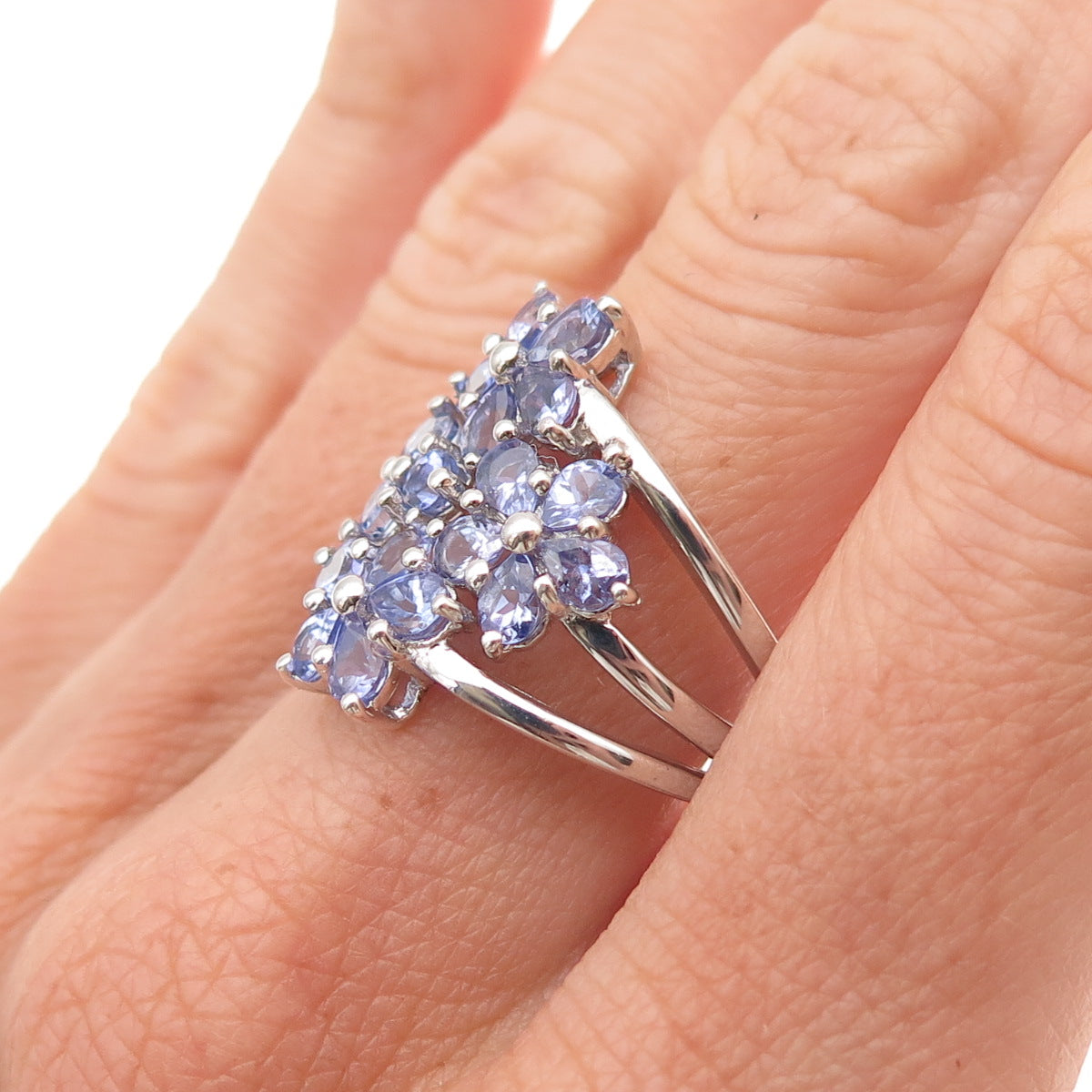 925 Sterling Silver Real Round & Pear-Cut Tanzanite Floral Ring Size 8