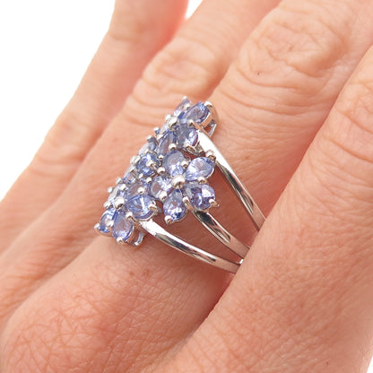 925 Sterling Silver Real Round & Pear-Cut Tanzanite Floral Ring Size 8