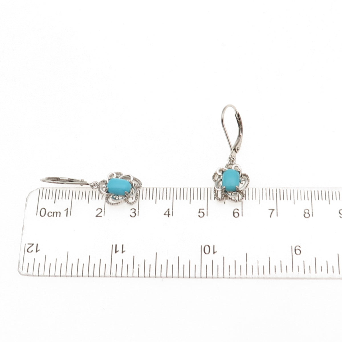925 Sterling Silver Real Sleeping Beauty Turquoise Floral Dangle Earrings
