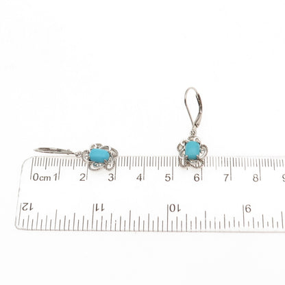 925 Sterling Silver Real Sleeping Beauty Turquoise Floral Dangle Earrings