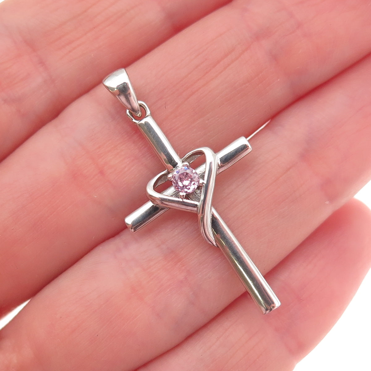 925 Sterling Silver Round-Cut Lavender C Z Heart Cross Charm Pendant