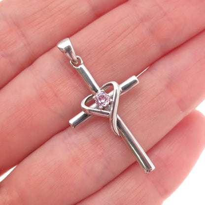 925 Sterling Silver Round-Cut Lavender C Z Heart Cross Charm Pendant