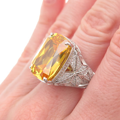 925 Sterling Silver Radiant-Cut Canary & Round-Cut White C Z Ring Size 7.5