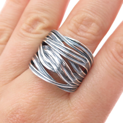 925 Sterling Silver Vintage Modernist Crisscross Oxidized Ring Size 10