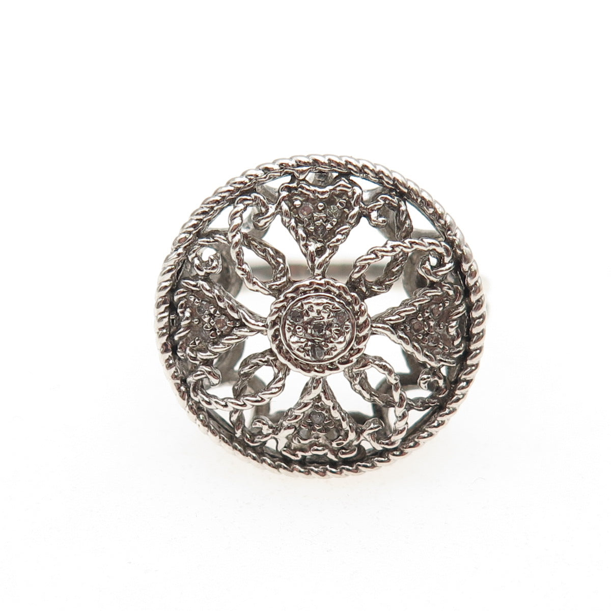 OLIVIA 925 Sterling Silver Real Round-Cut 0.05 ct Diamond Floral Ring Size 6.5