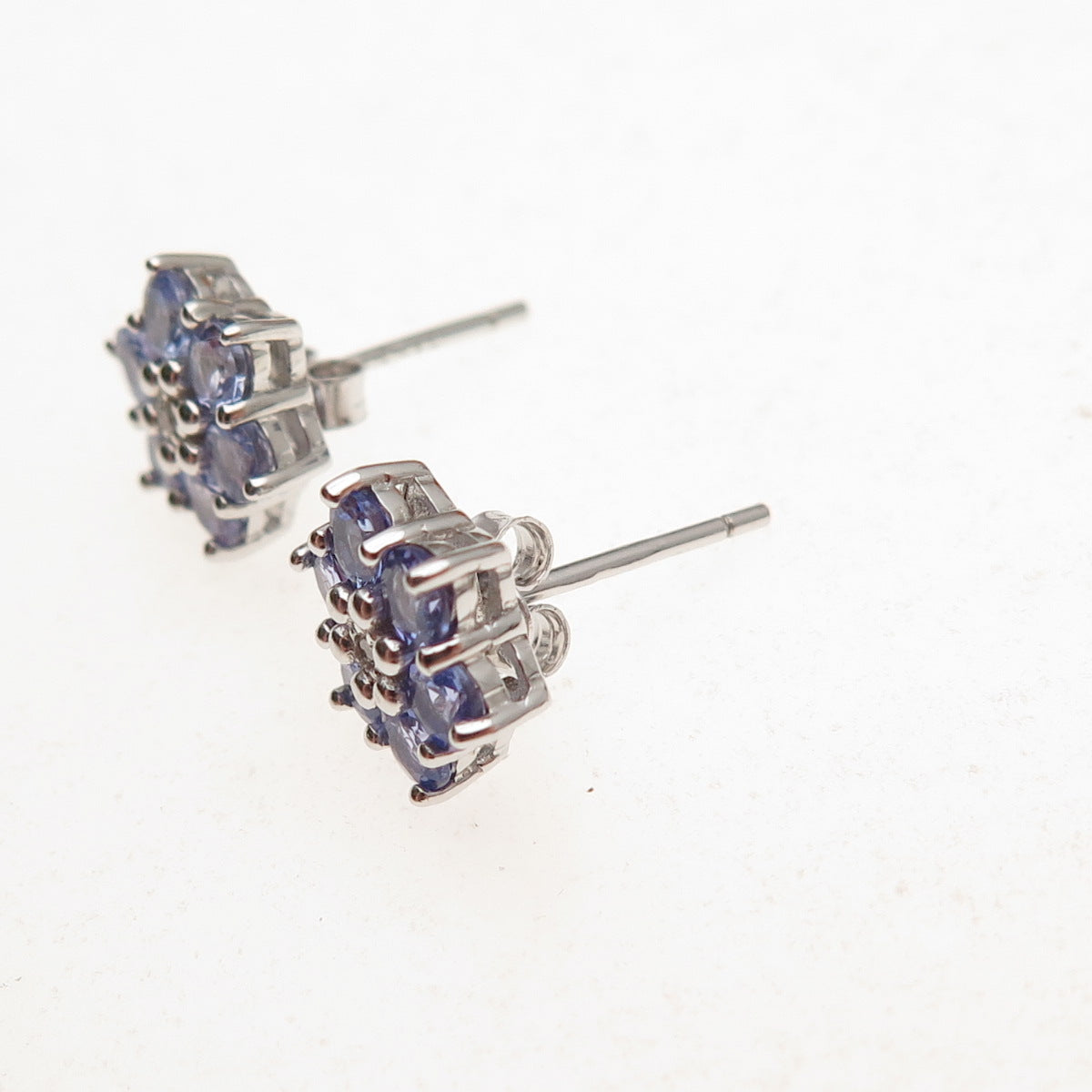 925 Sterling Silver Real Round-Cut Diamond & Tanzanite Floral Stud Earrings