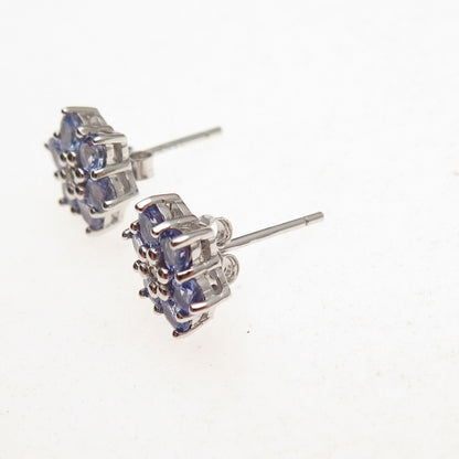 925 Sterling Silver Real Round-Cut Diamond & Tanzanite Floral Stud Earrings