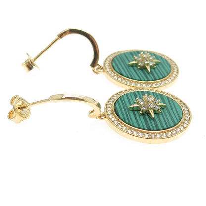 925 Sterling Silver Gold Plated Real Malachite & C Z North Star Earrings