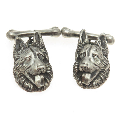 925 Sterling Silver Vintage Real Round-Cut Diamond K9 German Shepherd Cufflinks