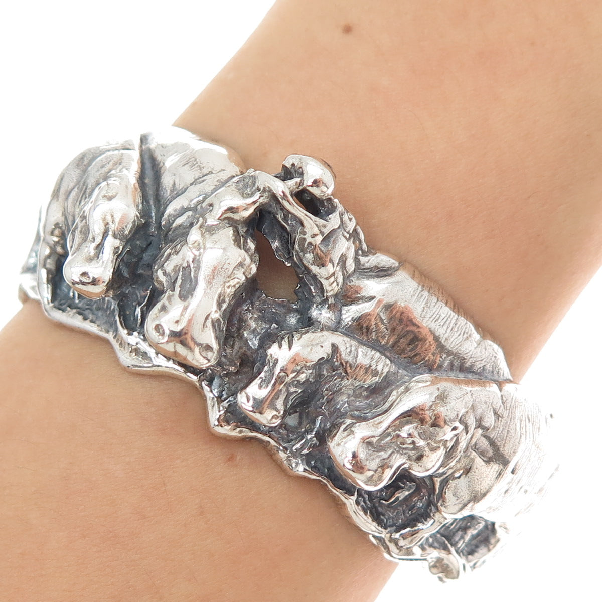 925 Sterling Silver Vintage Hippo Modernist Oxidized Adjustable Bracelet 6.25"