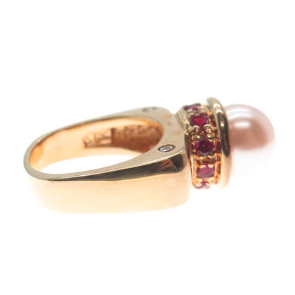 ROSS SIMONS Sterling Gold Plated Faux Pearl Lab-Created Ruby C Z Ring Size 6.25