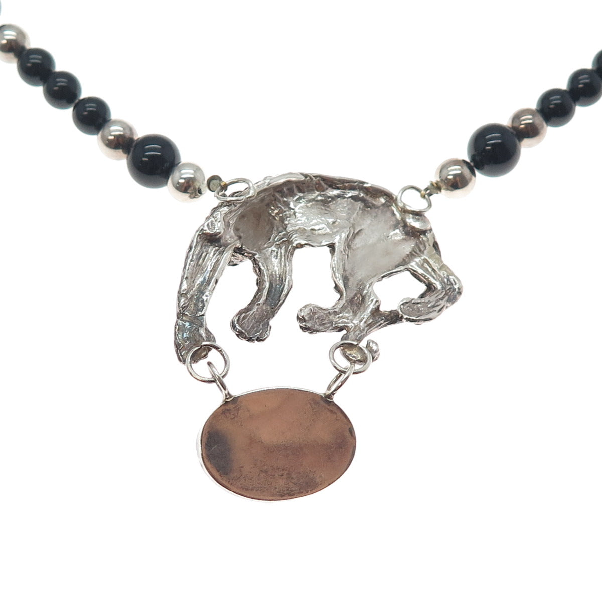 925 Sterling Silver Vintage Real Black Onyx Panther Oxidized Beaded Necklace 20"