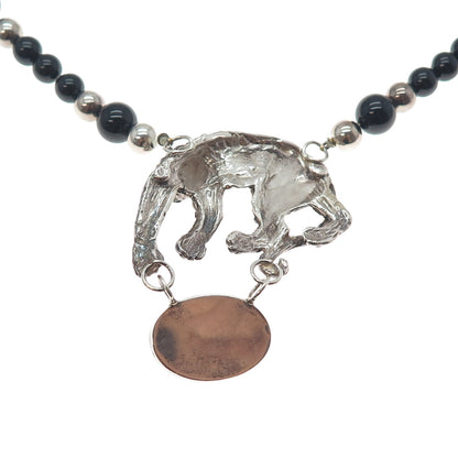 925 Sterling Silver Vintage Real Black Onyx Panther Oxidized Beaded Necklace 20"