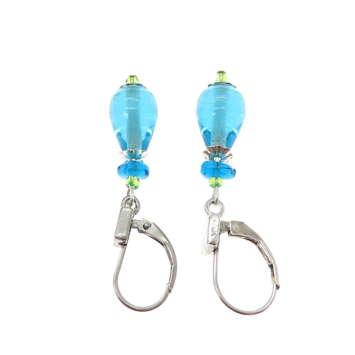 925 Sterling Silver Vintage Blue Glass Modernist Teardrop Dangle Earrings