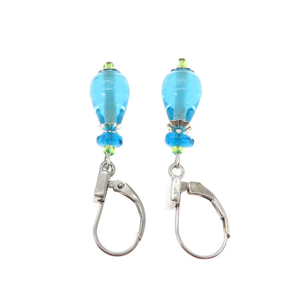 925 Sterling Silver Vintage Blue Glass Modernist Teardrop Dangle Earrings