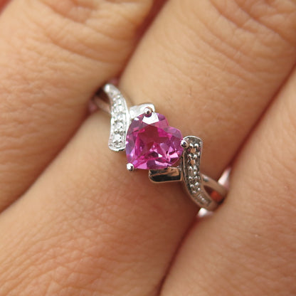 925 Sterling Silver Real Heart-Cut Pink Topaz & C Z Ring Size 7