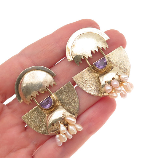 925 Sterling GP Vintage Real Amethyst & Pearl Modernist Earrings (missing pearl)