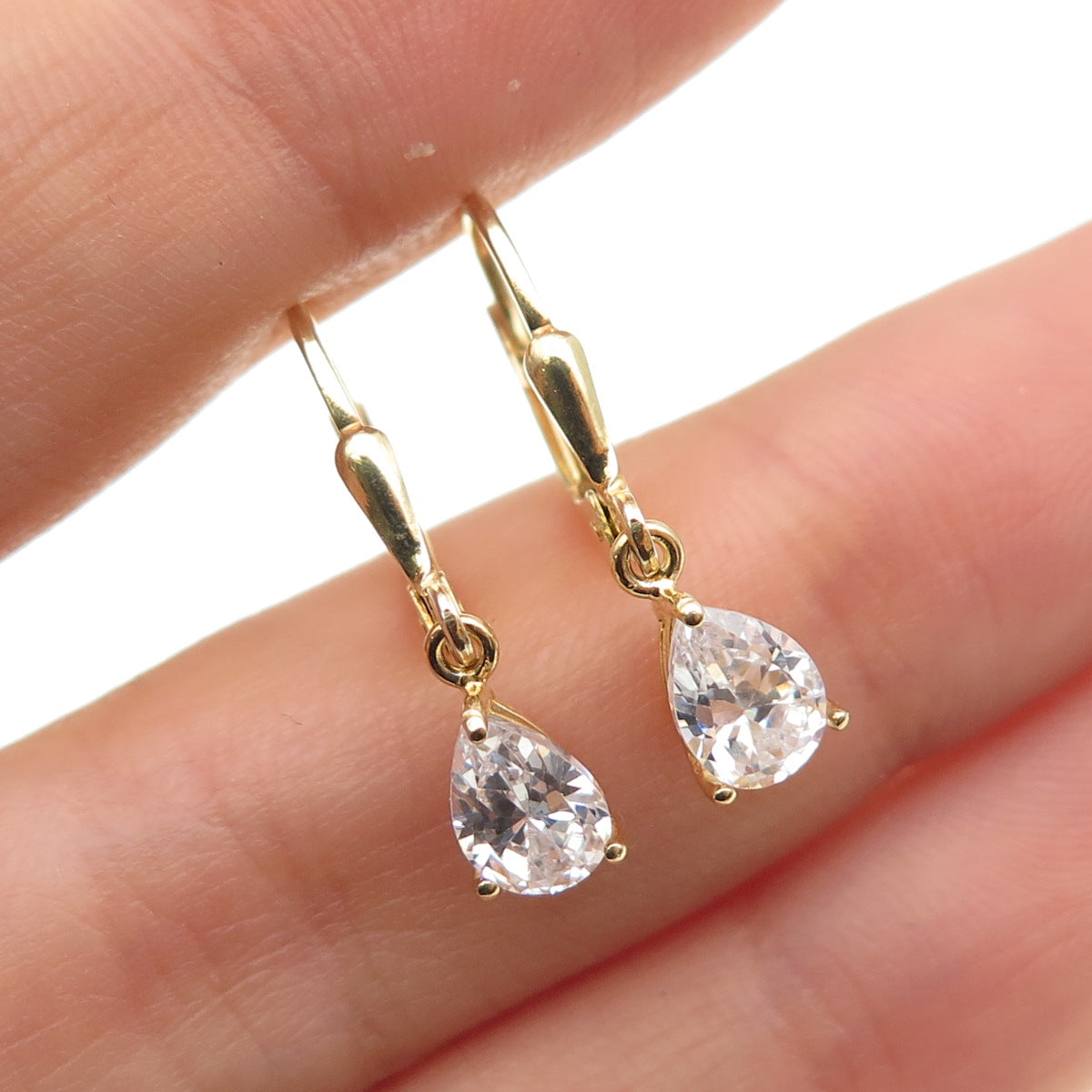 925 Sterling Silver Gold Plated Pear-Cut C Z Dangle Earrings