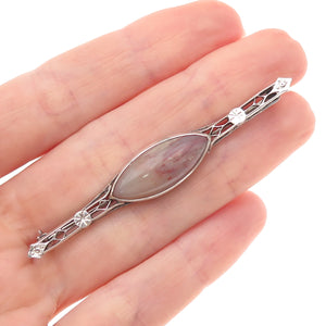 925 Sterling Silver Antique Art Deco Real Agate Oxidized Pin Brooch
