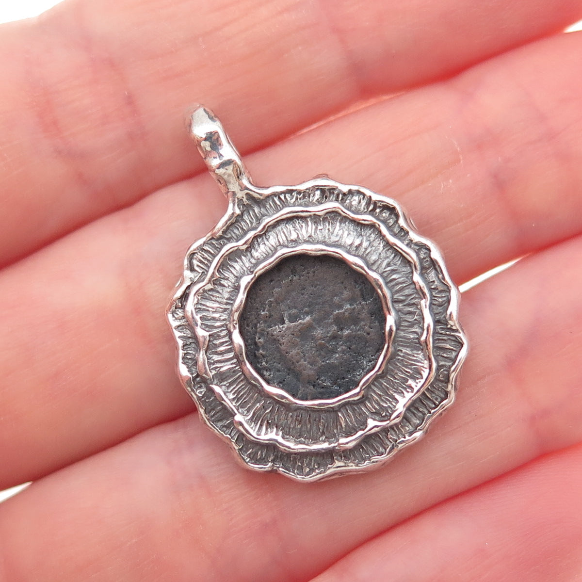 925 Sterling Silver Vintage Israel Ancient Coin Oxidized Charm Pendant