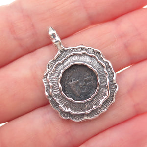 925 Sterling Silver Vintage Israel Ancient Coin Oxidized Charm Pendant