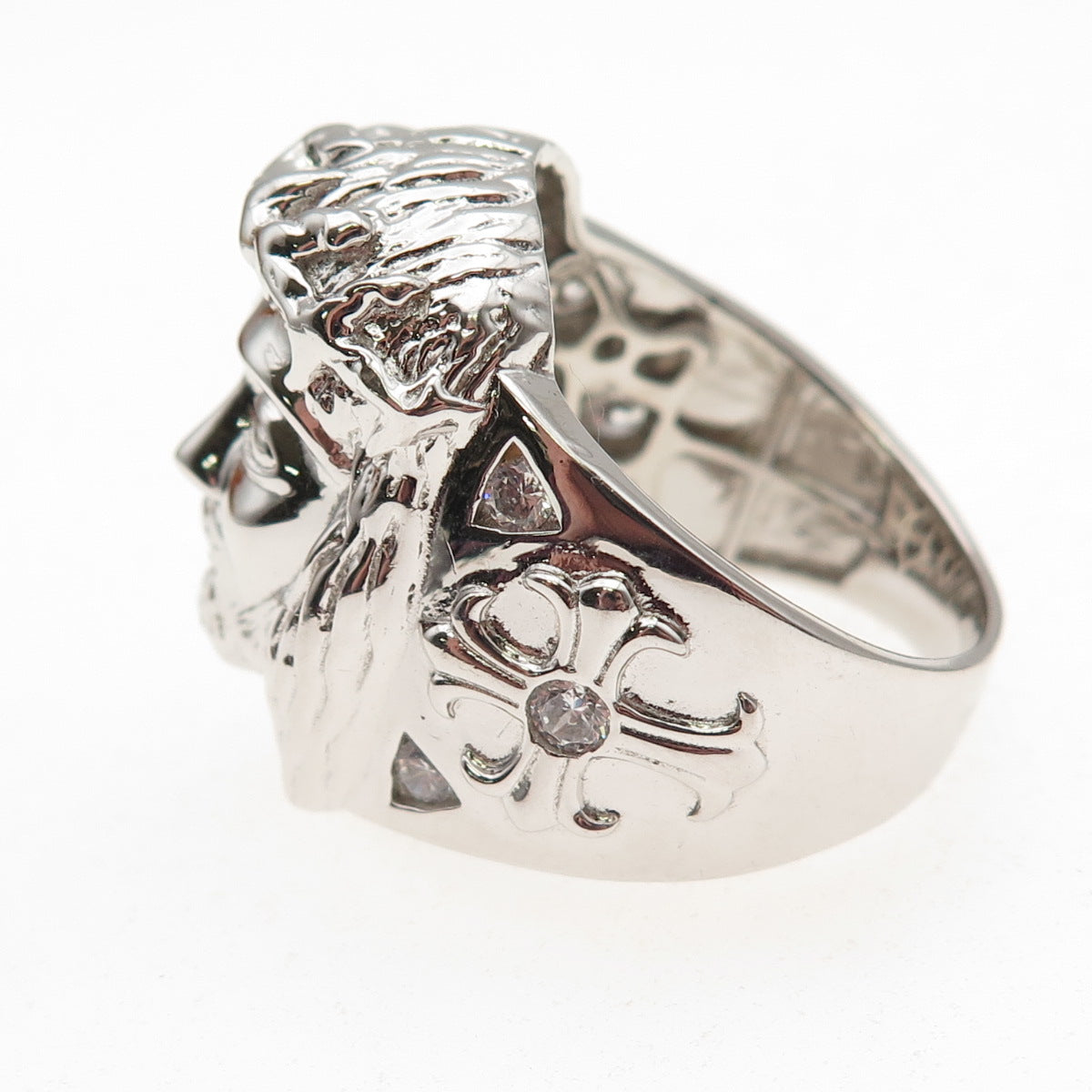 925 Sterling Silver Round-Cut C Z Jesus Statement Ring Size 12.25