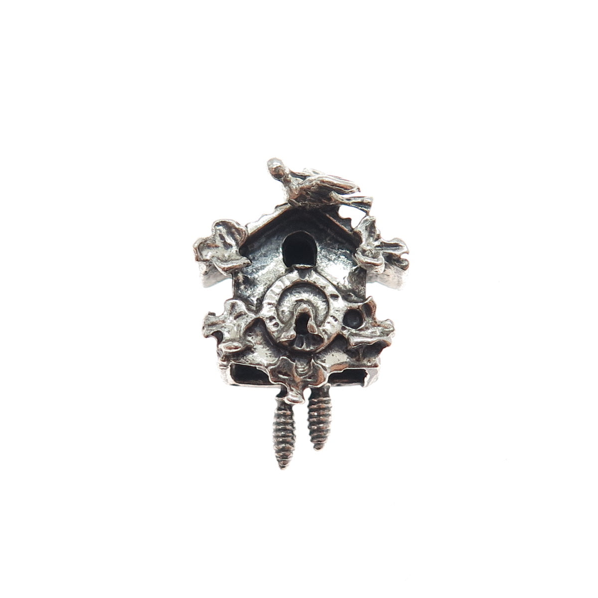 925 Sterling Silver Antique Cuckoo Clock Oxidized Minimalist Charm Pendant