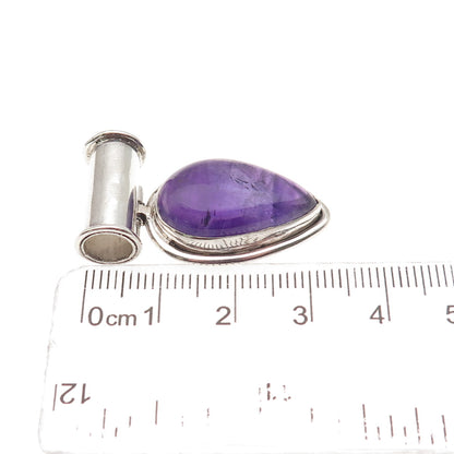 925 Sterling Silver Vintage Real Amethyst Modernist Oxidized Slide Pendant