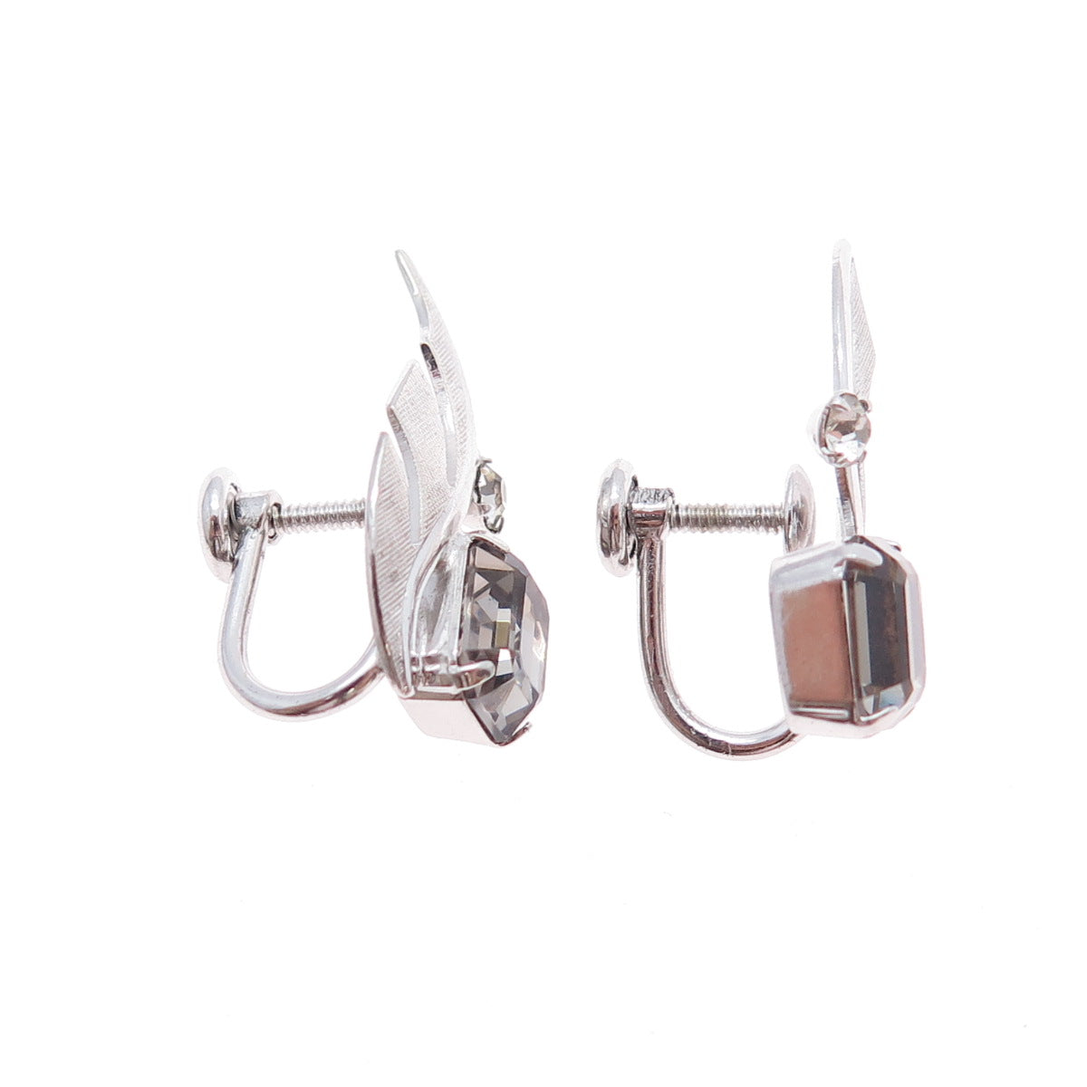 VAN DELL Sterling Silver Antique Art Deco Rhinestone Wing Screw Back Earrings