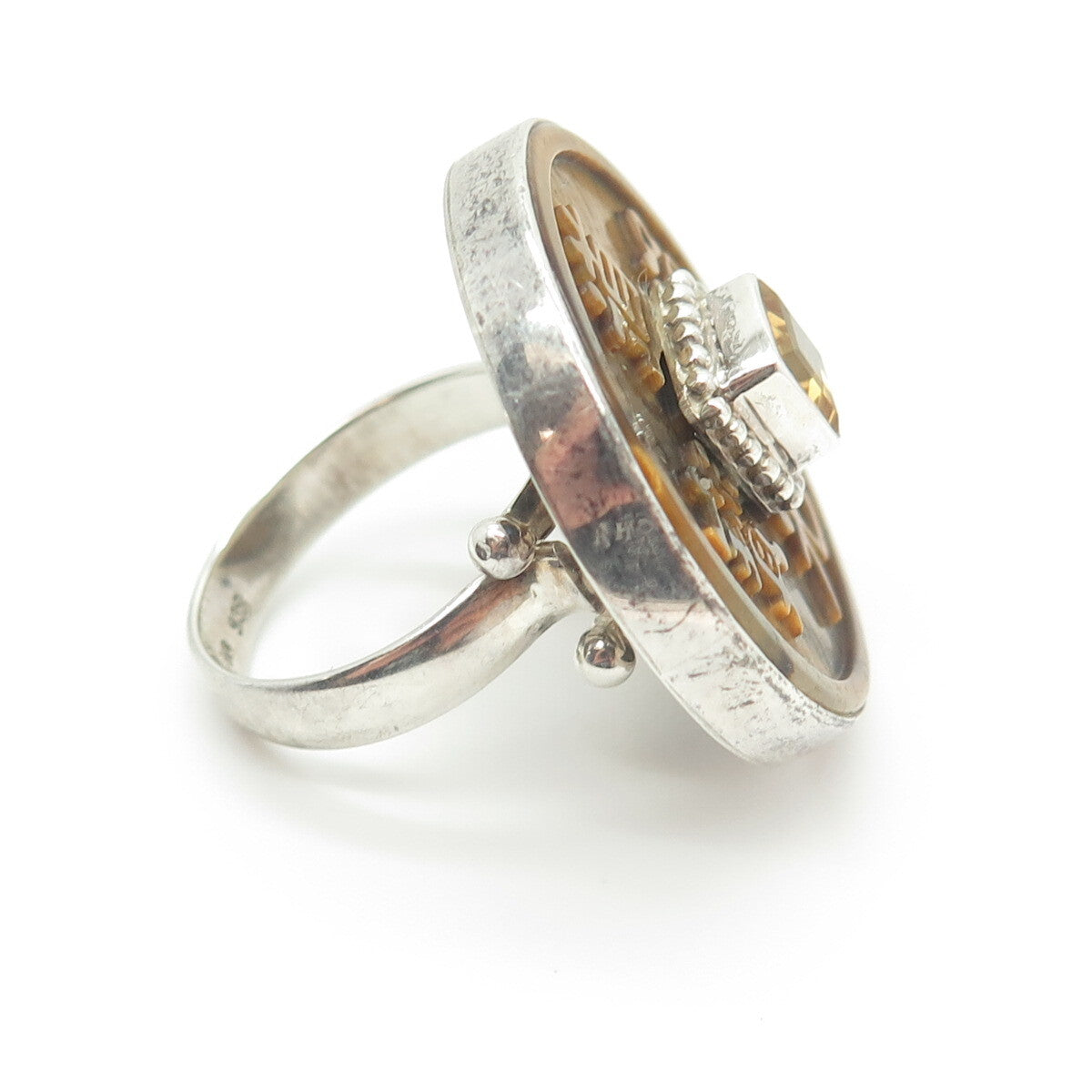 SAJEN 925 Sterling Silver Vintage Tiger Eye Citrine Chinese Coin Ring Size 8.25