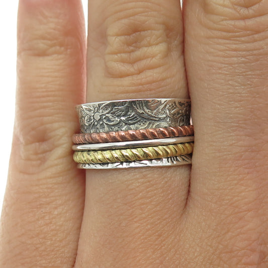 925 Sterling Silver 3-Tone Vintage Engraved Floral Band Ring Size 7.75