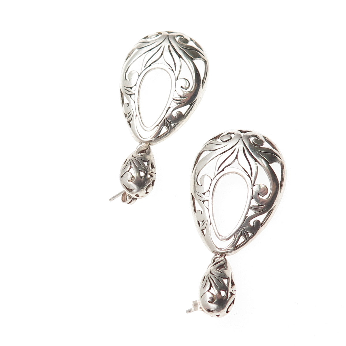 925 Sterling Silver Vintage Modernist Floral Teardrop Dangle Earrings