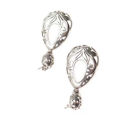925 Sterling Silver Vintage Modernist Floral Teardrop Dangle Earrings