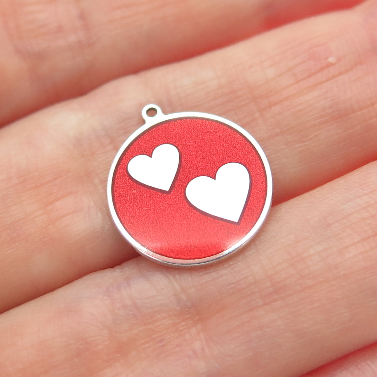 925 Sterling Silver Red Enamel Couple Heart Round Tag Minimalist Charm Pendant