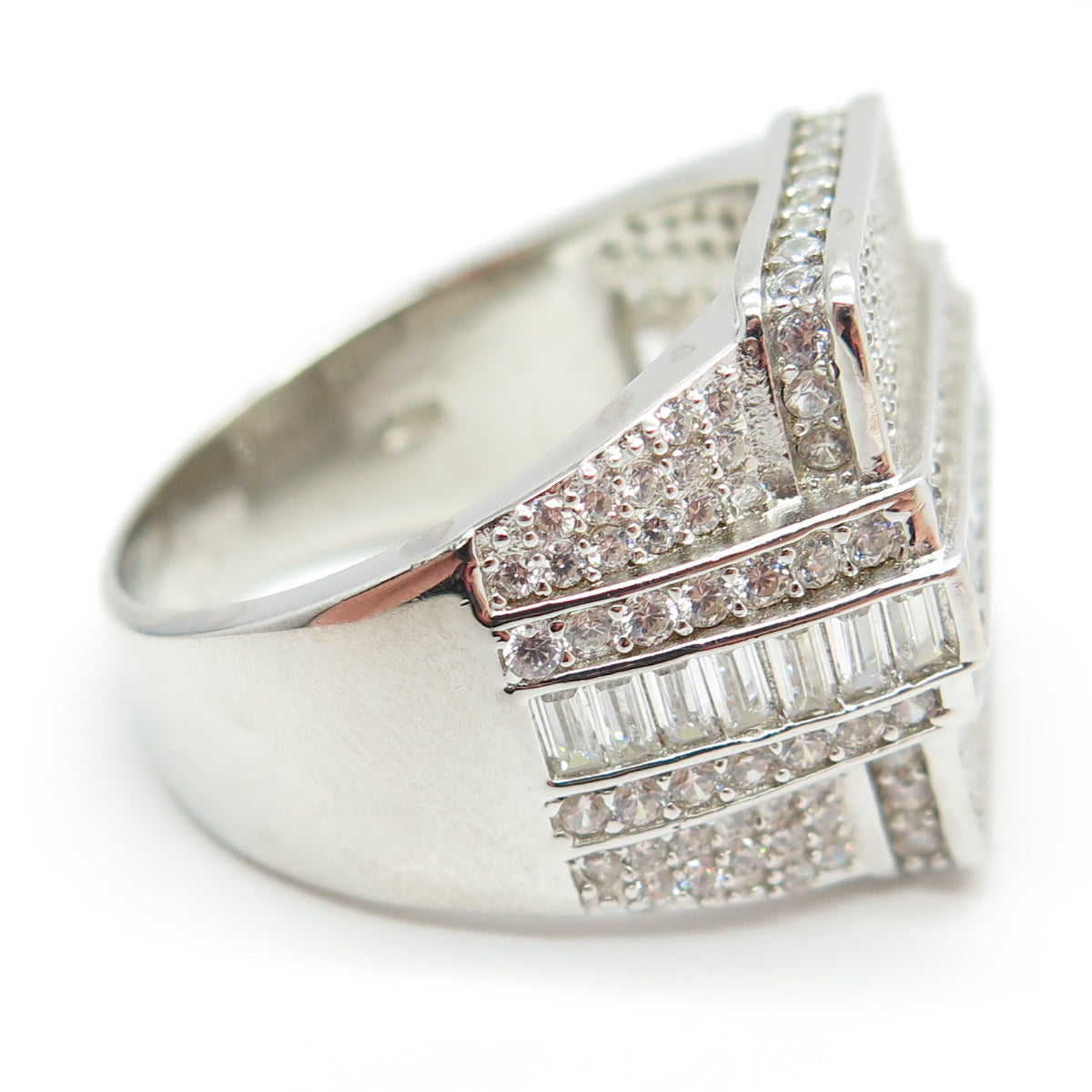 925 Sterling Silver Round & Baguette-Cut C Z Statement Ring Size 12