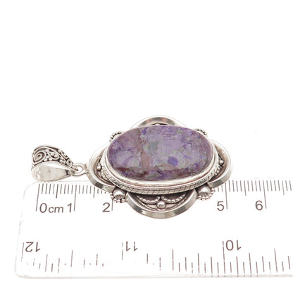 925 Sterling Silver Vintage Real Charoite Modernist Floral Oxidized Pendant