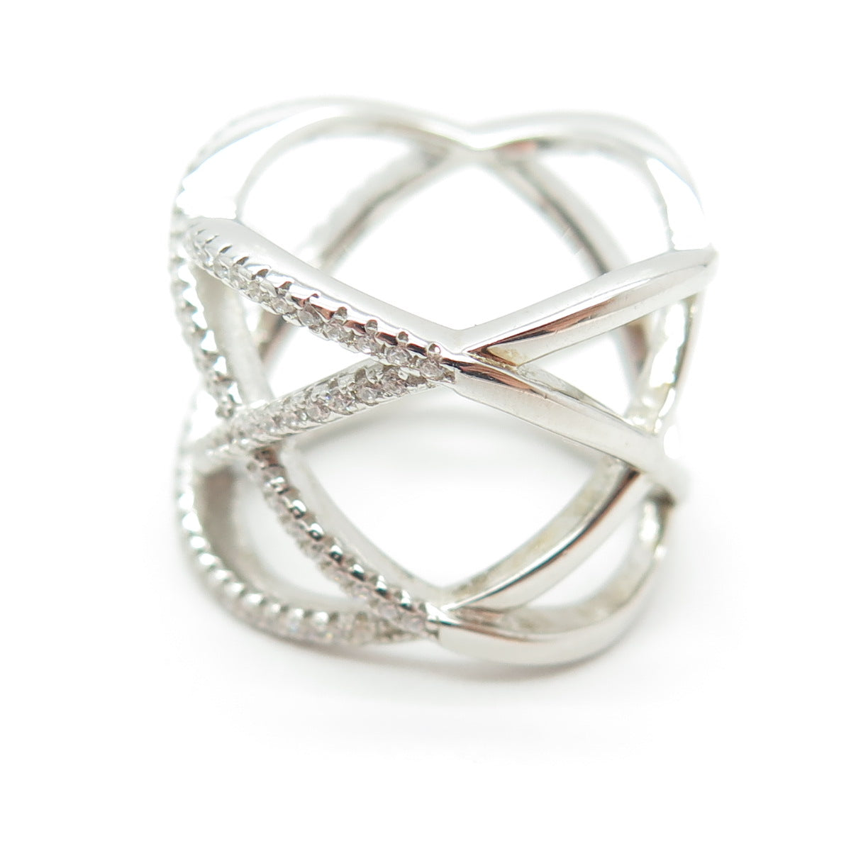 925 Sterling Silver Round-Cut C Z Crisscross Ring Size 5.75