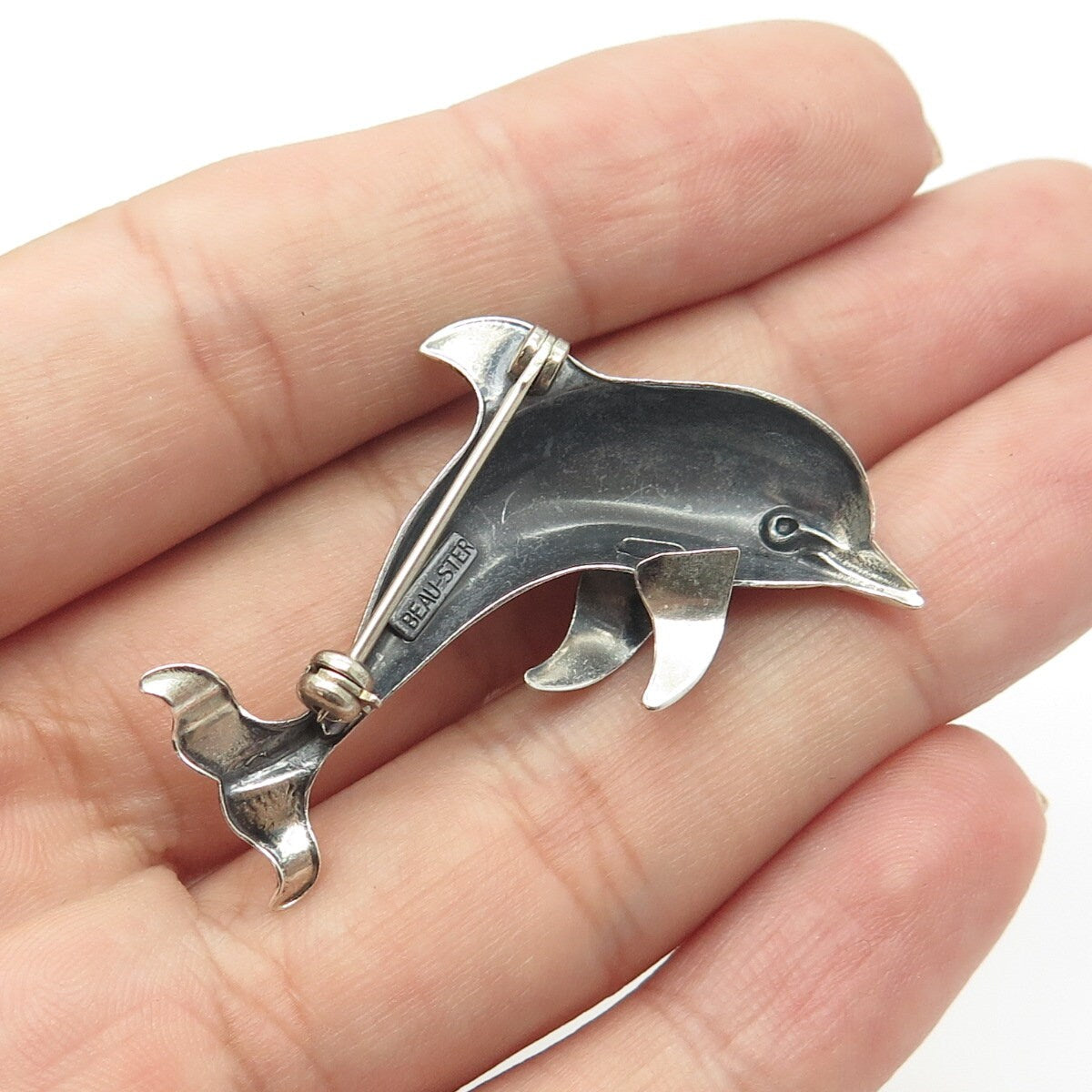 925 Sterling Silver Vintage Beau Friendly Dolphin Pin Brooch