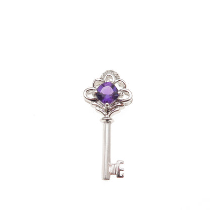 Sun 925 Sterling Silver Real Diamond & Amethyst Floral Key Slide Charm Pendant