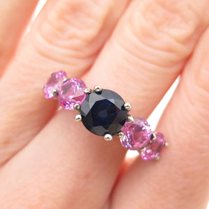 925 Sterling Silver Lab-Created Blue & Pink Sapphire Ring Size 5.75