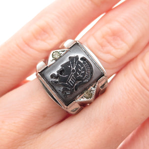 Clark & Coombs Sterling Antique Hematite Rhinestone Roman Warrior Ring Size 4.5