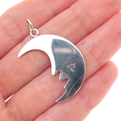 925 Sterling Silver Vintage Real Turquoise Inlay Crescent Moon Charm Pendant