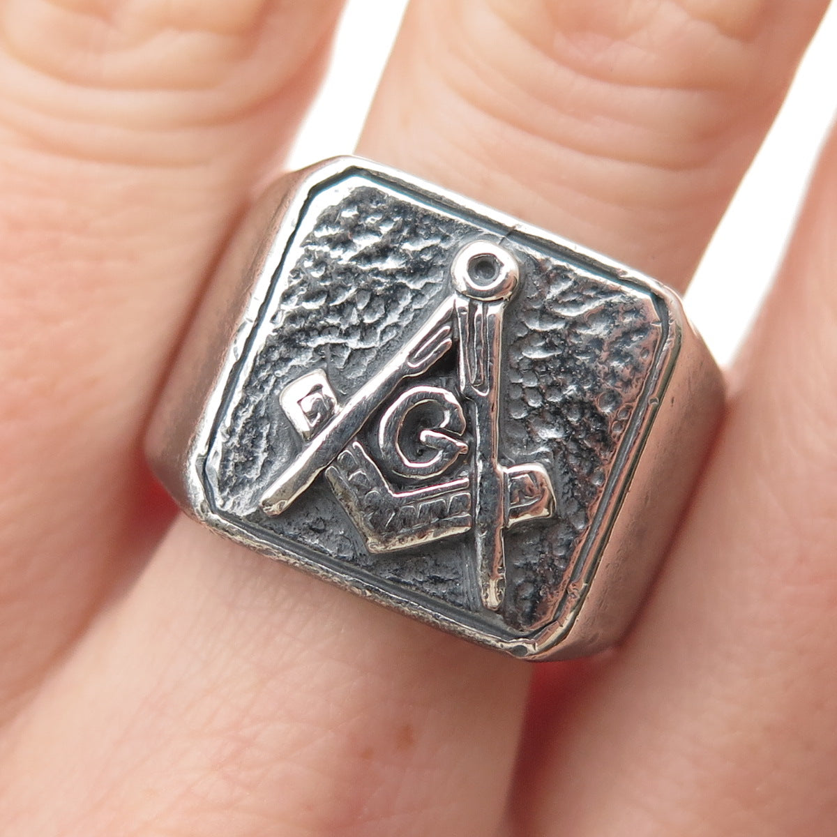 925 Sterling Silver Vintage Masonic Oxidized Signet Ring Size 10.75
