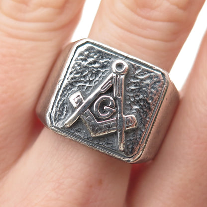 925 Sterling Silver Vintage Masonic Oxidized Signet Ring Size 10.75