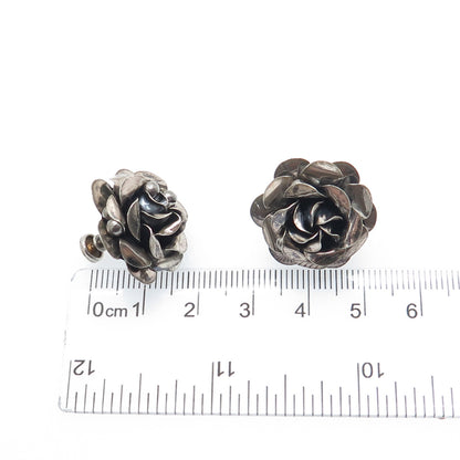 925 Sterling Silver Vintage Modernist Rose Flower Oxidized Screw Back Earrings