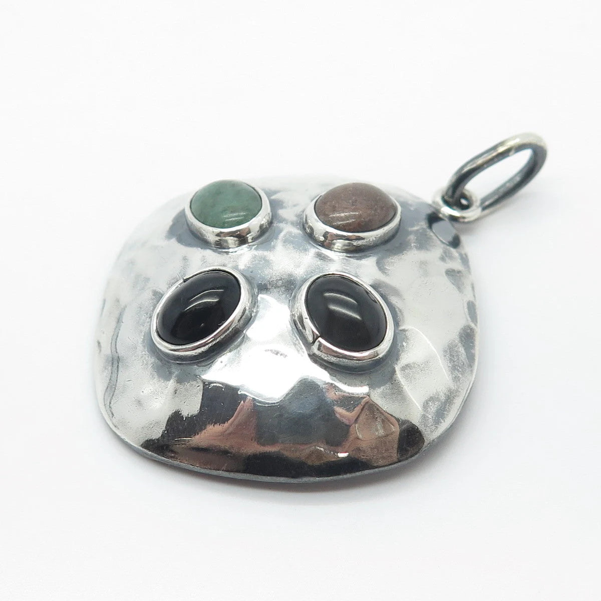 925 Sterling Silver Vintage Mexico Black Onyx Rhodonite & Aventurine Gem Pendant