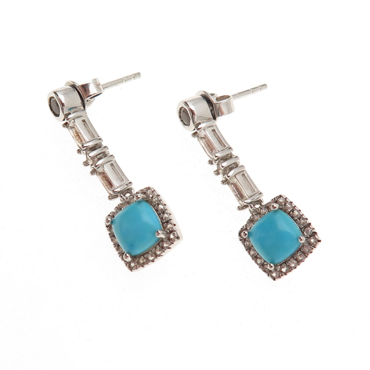 925 Sterling Silver Real Sleeping Beauty Turquoise & White Topaz Dangle Earrings