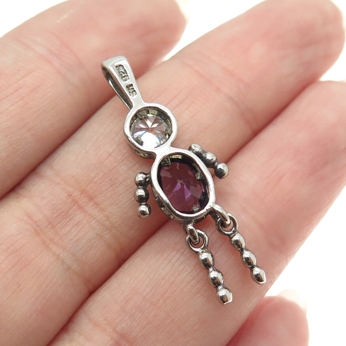 925 Sterling Silver Vintage Real Amethyst Gemstone & C Z Articulated Boy Pendant