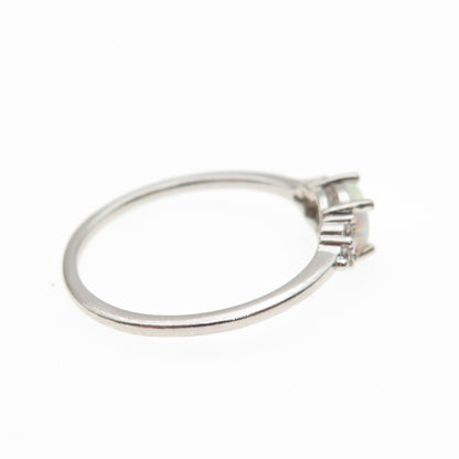 925 Sterling Silver Real Round-Cut Opal & C Z Ring Size 7